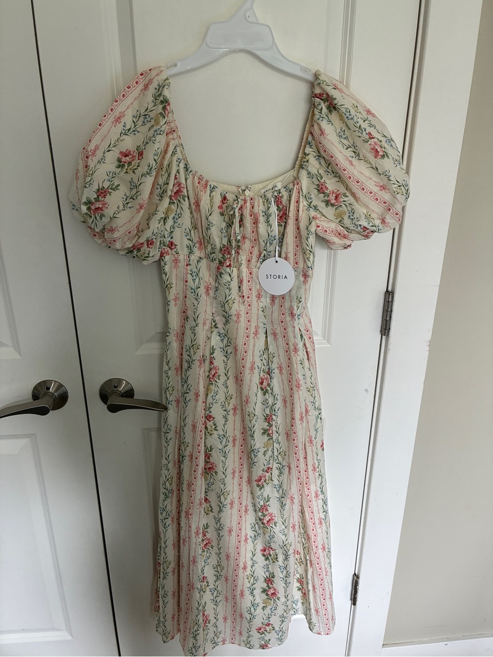 NWT 100% cotton Storia Cream and Pink Floral Puff-Sleeve Midi Dress - Picture 2 of 11
